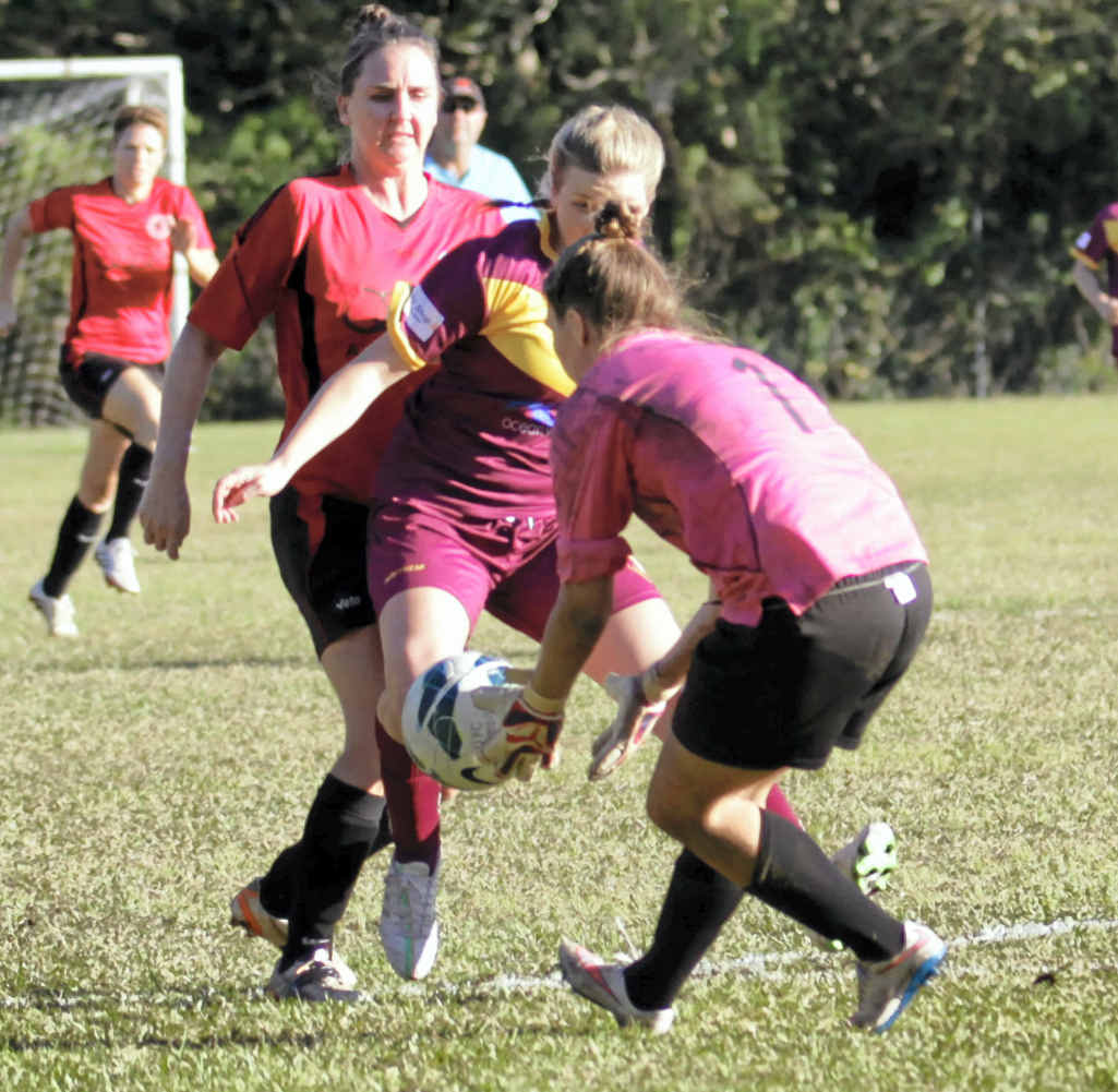 Current goalkeeper of the year, Shelby Mackenzie, cleans up against her former clubmates at Urunga. Current goalkeeper of the year, Shelby Mackenzie, cleans up against her former clubmates at Urunga.